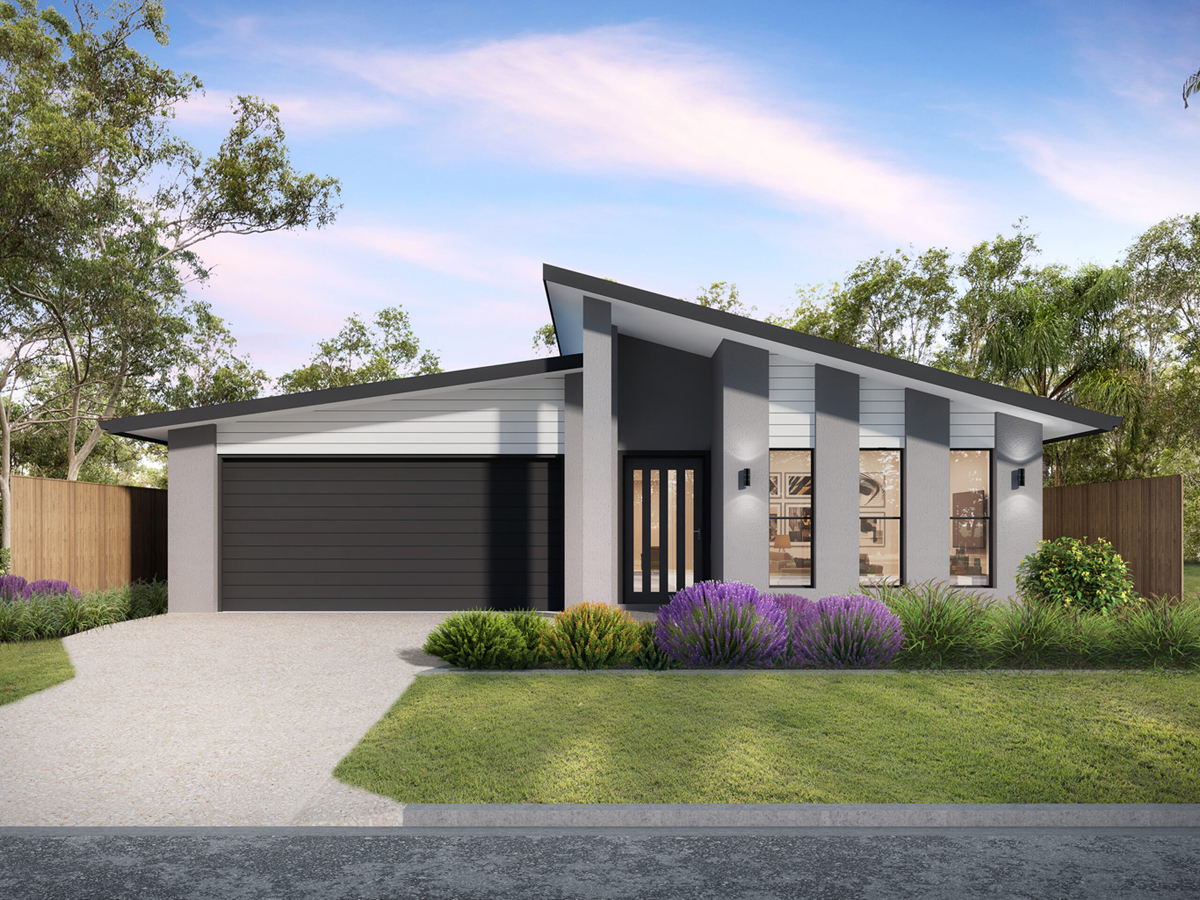 Modern single-story Melitta 225 house design with a sleek skillion roof, dark façade, and stylish landscaping.